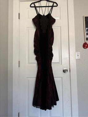 Black & Burgundy Lace-Panel Evening Gown